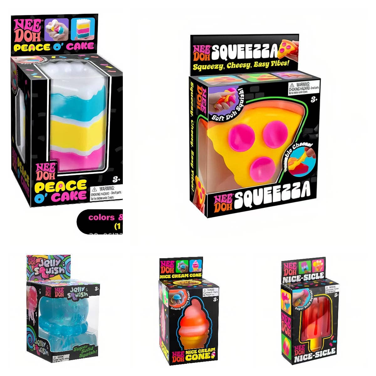 Collection of colorful toy packaging with text and images on a white background